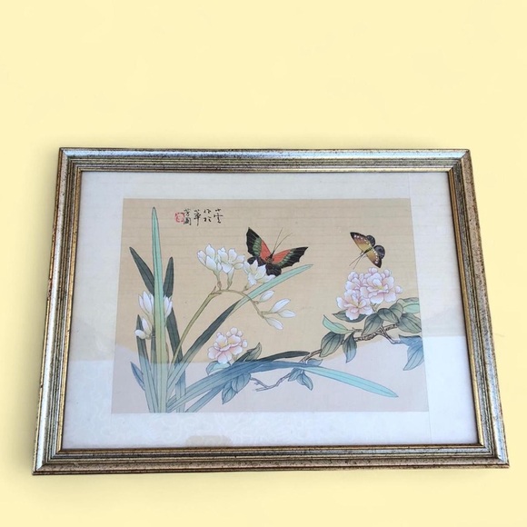 VTG Chinese Silk Watercolor Painting Asian Antique Butterflies Flower Art Framed